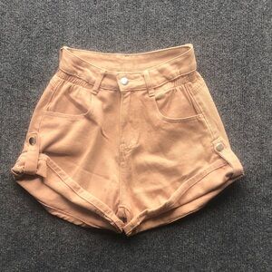 High-Waist Tan Button-Tab Women’s Shorts